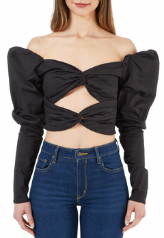 CROP TOP ENTORCHADO DELANTERO MANGA PUFF NEGRO - FRANCY LEON Diseñadora de Modas