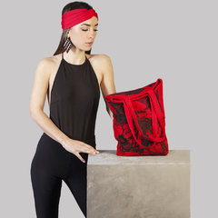 TOTEBAG "Colección Redes" - ROJO Y NEGRO - ESTAMPADO - PURO ALGODON - DISEÑO DE AUTOR - BY NORMA RINAUDO - comprar online