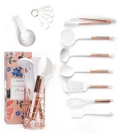Juego de utensilios de cocina oro blanco y rosa con soporte