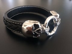 Pulsera Doble Calavera cuero pespunte