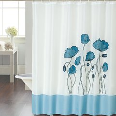 Cortina Baño Teflon Chenille Vintage Diseño Flower Blue