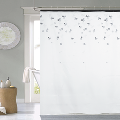 Cortina Baño Teflon Chenille Luxury Diseño Trebol Blanco Negro