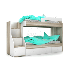 CUCHETA SERIE S COMBO INCLUYE ESCALERA DE CUBOS CON PUERTAS Y CAMA CARRO O CAJONES Y BARANDA. - Cloel Muebles