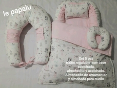 Set 5 piezas Nidito regulable con base acolchada con acolchado y almohadita más almohada cervical y almohadón de con funda con cierre para lavar..relleno todo en vellon - comprar online