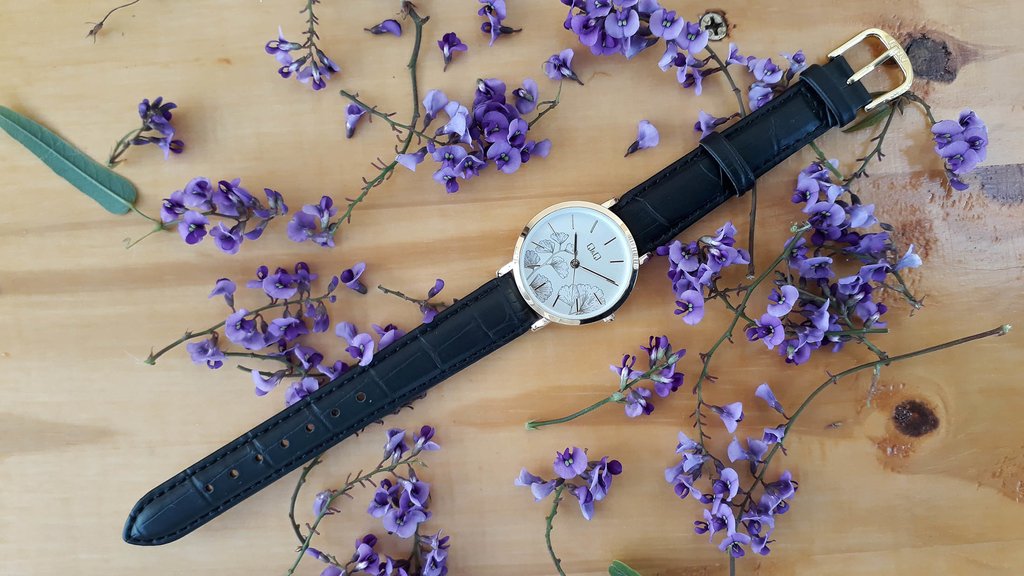 Reloj Q \u0026 Q Mujer Correa de Cuero Negra y Caja Dorada