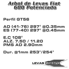 Leva Potenciada Fiat 600 850 Alzada 11.20mm Dur 290° E.C. 108° - comprar online