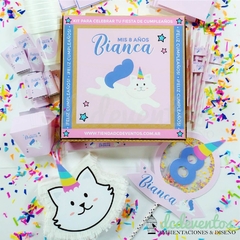 COMBO CUMPLEAÑOS TEMÁTICA GATITO UNICORNIO (PEDILO CON TU DISEÑO FAVORITO)