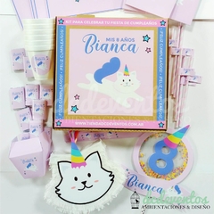 COMBO CUMPLEAÑOS TEMÁTICA GATITO UNICORNIO (PEDILO CON TU DISEÑO FAVORITO) - comprar online