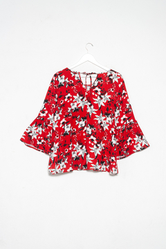 Blusa Otilia, Blusa evasé con mangas 3/4 y volados. Abertura en espalda - tienda online