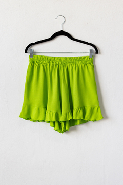 Short AISHA, Short de lino estampado con cintura elástica y volados en diagonal