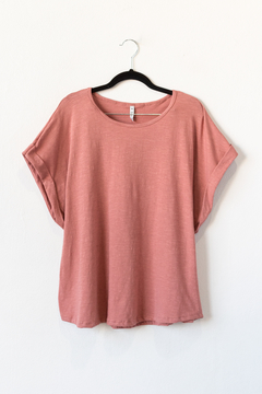 Remera JACKIE, Remera lisa de algodón flamé de cuello redondo con manga caída dobladillada - comprar online