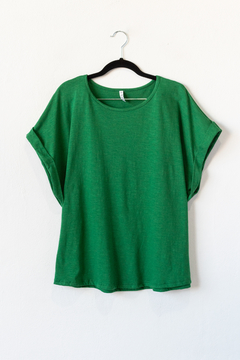 Remera JACKIE, Remera lisa de algodón flamé de cuello redondo con manga caída dobladillada