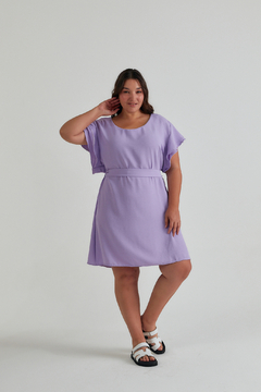 Vestido LILEN, Vestido de cey lino, largo a la rodilla con volados en manga y lazo en cintura para atar - comprar online
