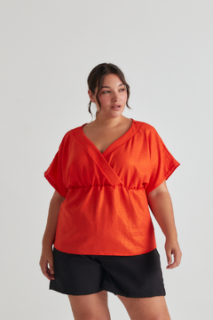 Blusa AZUL, Blusa escote estilo kimono con elástico en cintura y mangas caídas