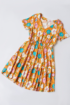 Vestido ALEXA, Vestido de lino estampado escote en v, manga 3/4 y volado en ruedo - tienda online