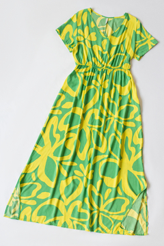 Imagen de Vestido MAGGIE, Vestido largo estampado escote en v con elástico en cintura y abertura en los laterales