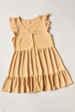Vestido SOFIA, Vestido de cey simil lino escote en v con botones y largo a la rodilla, con voladitos en los hombros - comprar online