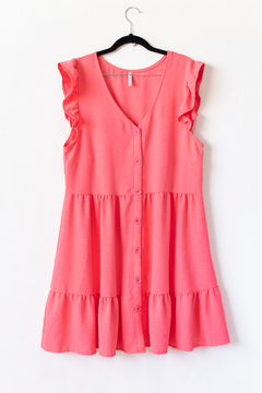 Vestido SOFIA, Vestido de cey simil lino escote en v con botones y largo a la rodilla, con voladitos en los hombros en internet