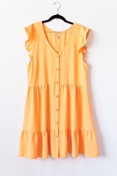 Vestido SOFIA, Vestido de cey simil lino escote en v con botones y largo a la rodilla, con voladitos en los hombros - tienda online