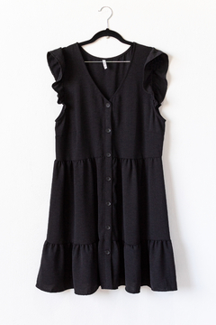 Vestido SOFIA, Vestido de cey simil lino escote en v con botones y largo a la rodilla, con voladitos en los hombros - tienda online