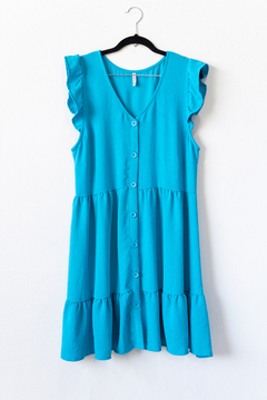 Vestido SOFIA, Vestido de cey simil lino escote en v con botones y largo a la rodilla, con voladitos en los hombros - SYES | Mayorista