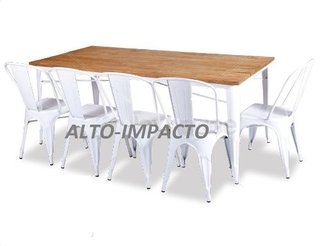 Mesa Tolix Madera + 6 Sillas Comedor Tolix Pauchard Blanca