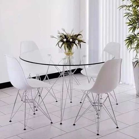 Mesa Redonda Vidrio Eiffel +4 Silla Eames Dsr Alto Impacto + 12 Pagos