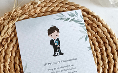 Estampita nene futbol con eucaliptos en papel telado
