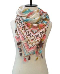 PAÑUELO ESTAMPADO CON MOTIVO INCAICO CON BORLAS - ANTEPRIMA 