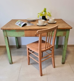 Mesa de comedor Antigua Reciclada de madera con cajon y patina verde vintage - 1.20x0.73x0.78 mts - MRN - 2/5/22