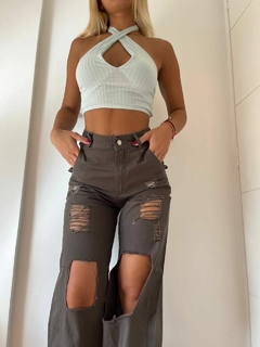 Pantalon Wide Leg Gabardina con Roturas - comprar online