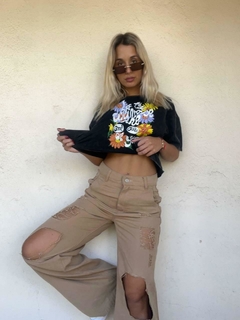 Pantalon Wide Leg Gabardina con Roturas - tienda online