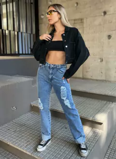 Jean Mom Rígido con Roturas y Dobladillo - tienda online