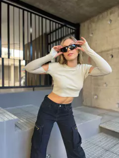 Jean Cargo con Bolsillos y Cierres Rígido Tiro Alto - tienda online