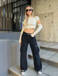 Jean Cargo con Bolsillos y Cierres Rígido Tiro Alto - Shaina Trendy Store