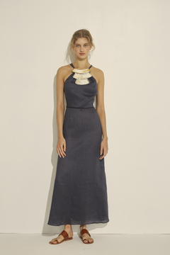 Vestido Largo Cuello Alto Con Accesorio En Asta y Alpaca - Shop S-Mode