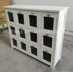 Fideera en madera maciza con 12 cajones con terminación de pátina blanca y decapado (FI109A) en internet