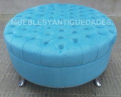 Banqueta Puff redondo capitoné con patas de metal tapizado en pana cuero vinílico ecocuero cuerina color turquesa (PG104M) - comprar online