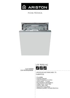 Imagen de Ariston Lavavajillas Panelable LIO 3P23 15 Cubiertos linea nueva. in verter