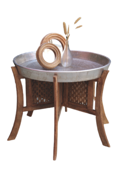 MESA DE MADERA DE MANGO, TAPA DESMONTABLE FORRADA EN ALUMINIO LABRADO ARTESALMENTE Y BASE PLEGABLE - MEDIDAS Ø 75x61 cm. - comprar online