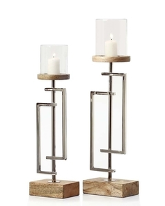 CANDELABRO MADERA + METAL + VIDRIO