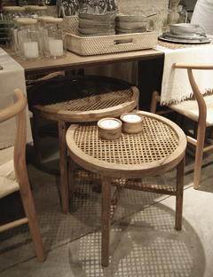MESA GRANDE DE MADERA NATURAL + VIDRIO + ESTERILLA - MEDIDAS Ø 60x55 h - DISEÑO NANTES