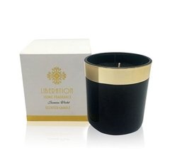 VELA BLACK EN VASO DE VIDRIO NEGRO CON BORDE DORADO - MEDIDAS 9X10 cm. - AROMA JAMINES Y VIOLETAS