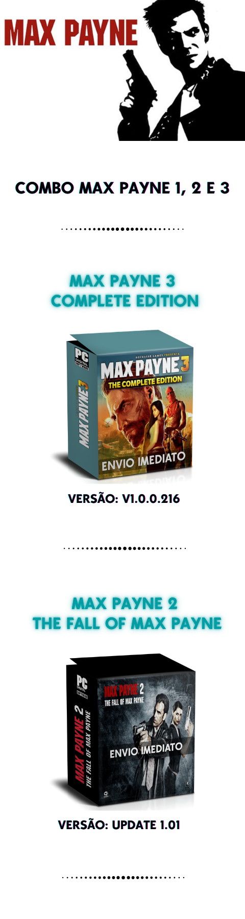 COMBO MAX PAYNE 1, 2 E 3 PC ENVIO DIGITAL