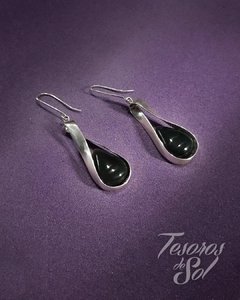AR 702 - Aros de Plata 925 - Diseño Artesanal @dahojoyas - Colgantes - Óvalo torzado con gota de Agata Azul (65 mm largo total)