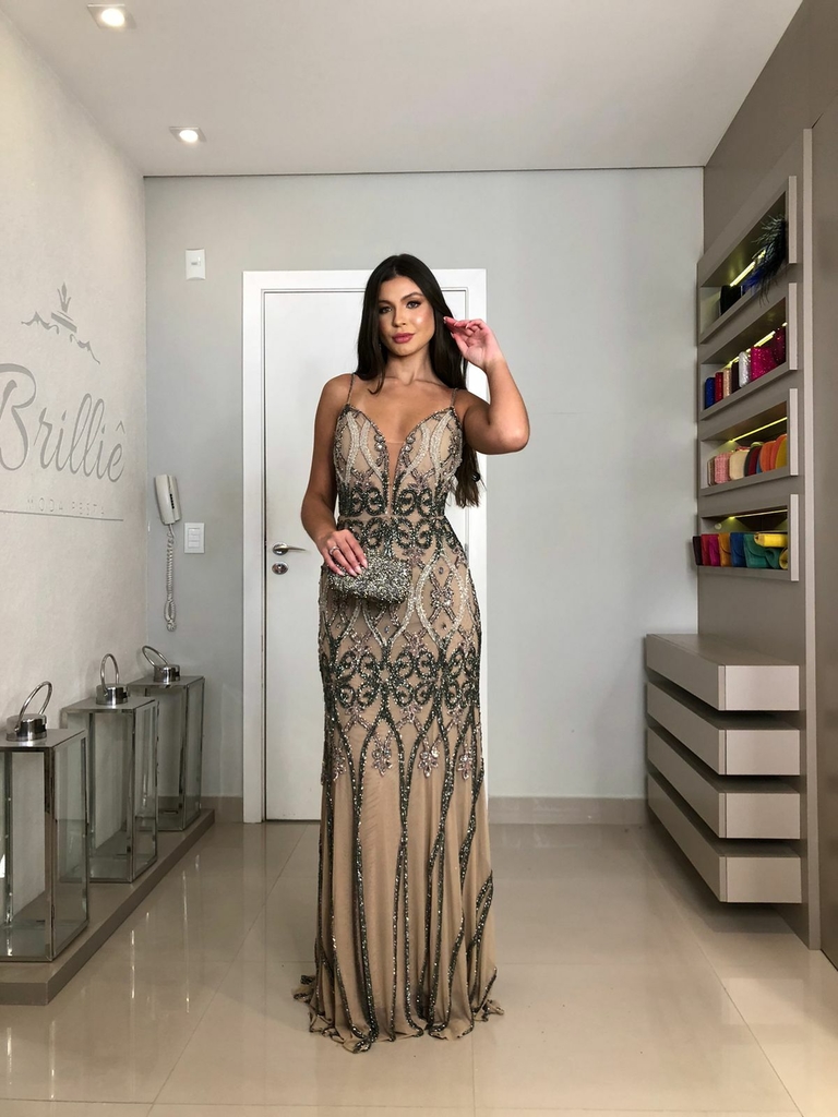 locaÇÃo vestido bordado nude e chumbo brilliê