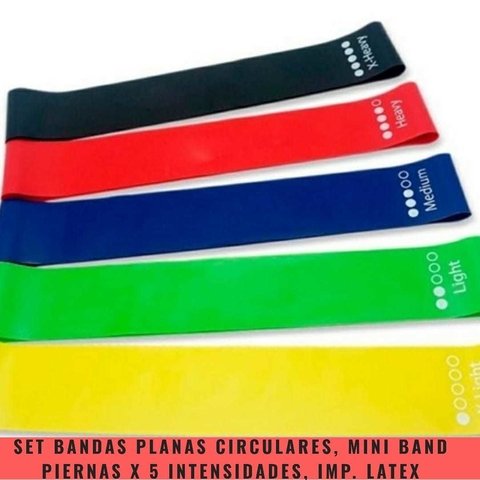 SET BANDAS PLANAS CIRCULARES MINI BAND PIERNAS 5 INTENSIDADES IMPORTADAS LATEX - MM Fitness