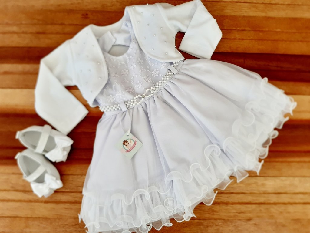 Vestido De Bebe Branco Com Bolero Menina Bonita