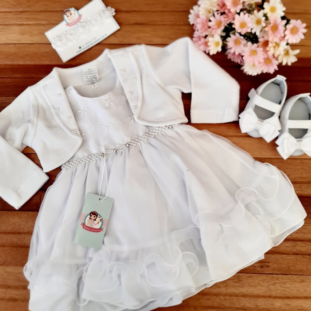 Vestido De Bebe Branco Com Bolero Ne2642 Tam P G