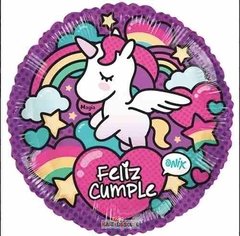 Globo Unicornio Arcoiris Violeta Feliz Cumple 22 Cm Aire